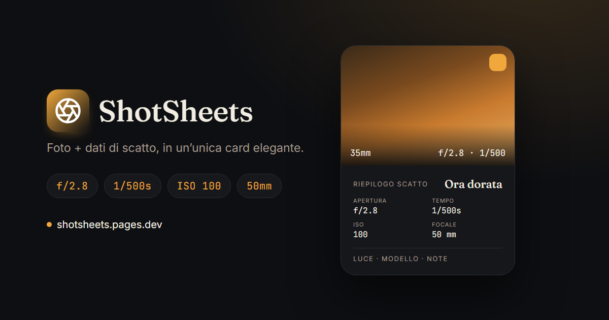 Screenshot di ShotSheets, editor EXIF gratuito e alternativa a Photo Summary App, con una foto e i suoi dati di scatto sovrapposti