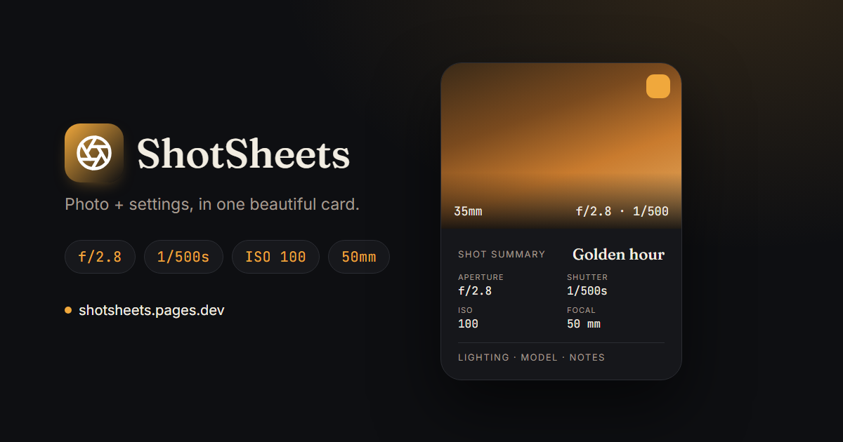 Screenshot of ShotSheets, a free EXIF editor and alternative to Photo Summary App, showing a photo with its camera settings overlaid
